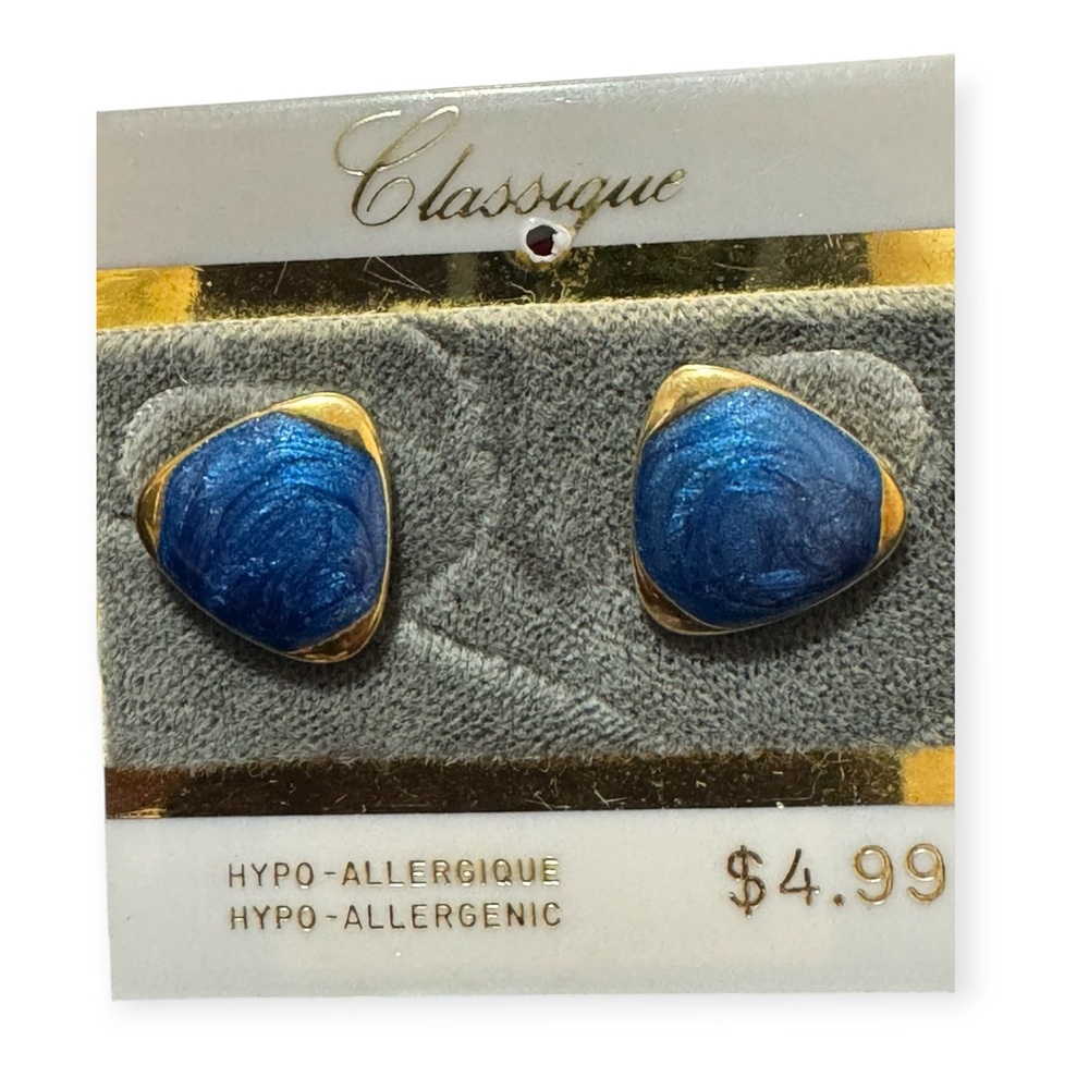 Vintage Stud Earrings Marbled Blue & Gold 1980's NOS Hypoallergenic Grandma Gift